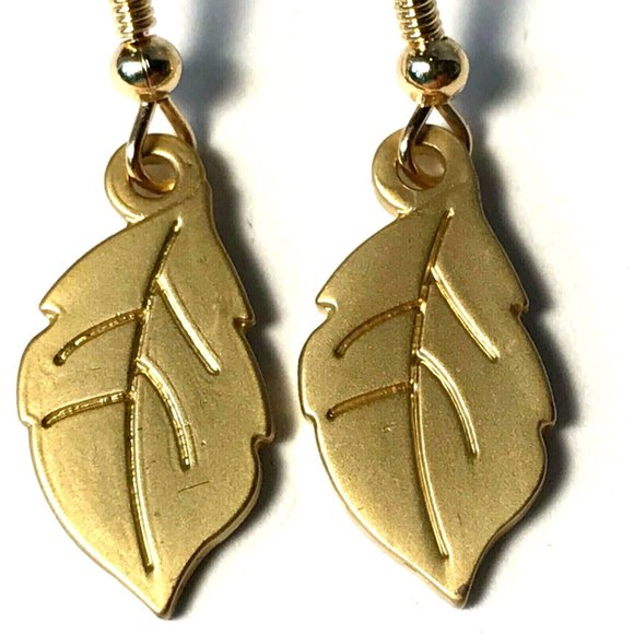 Gold Fall Leaf Earrings Autumn Tree Leaves Thanksgiving Halloween Harvest Plated - Picture 4 of 8